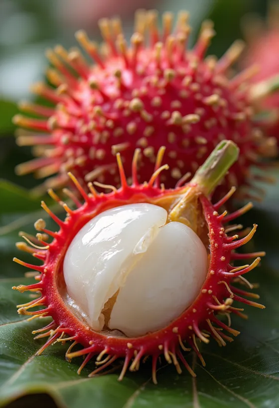Celý a rozpolený rambutan s červenou chlpatou šupkou a bielou dužinou