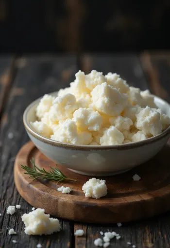 Čerstvý syr ricotta v bielej keramickej miske na drevenom stole