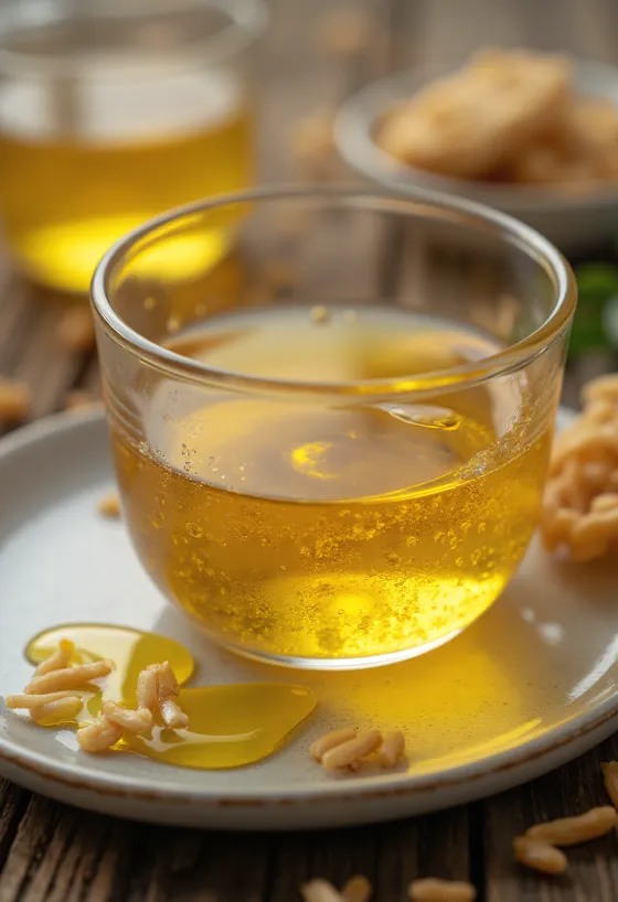 Olej z ryžových otrúb vo fľaši, s ryžovými zrnami a otrubami na prírodnom pozadí