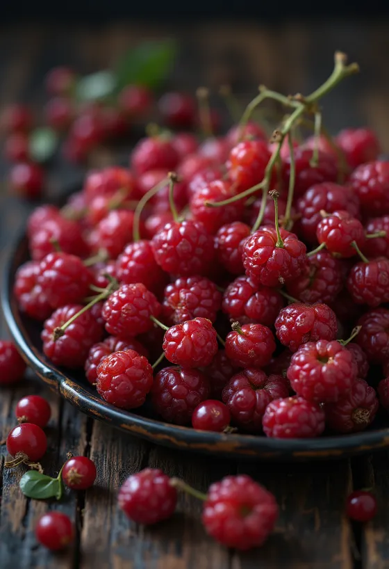 Čerstvé červené plody schizandry, niektoré prekrojené, v surovom stave