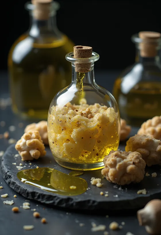 Hľuzovkový olej v malej fľaštičke s plátkami hľuzovky a servírovaním