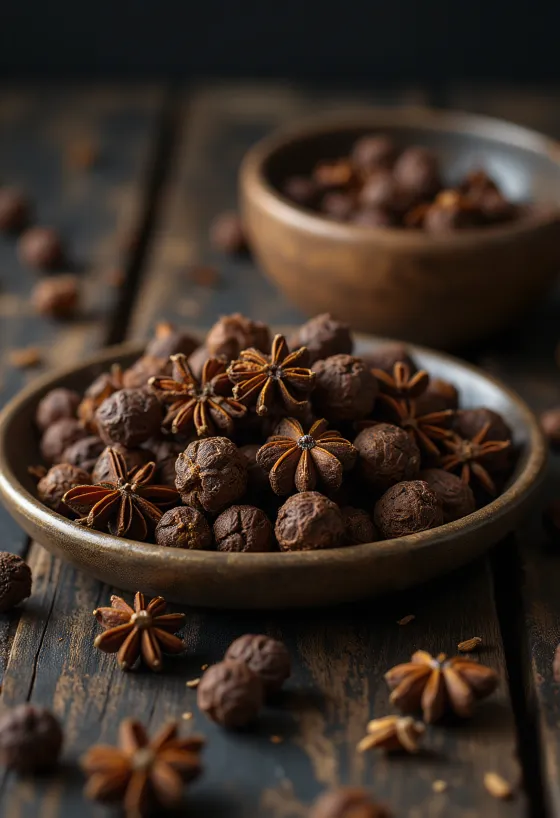 Nové korenie celé v drevenej miske a rozsypané na rustikálnom povrchu