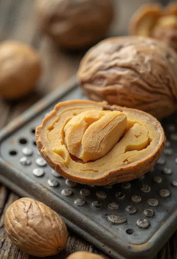 Celý a mletý muškátový oriešok v miske na drevenom povrchu