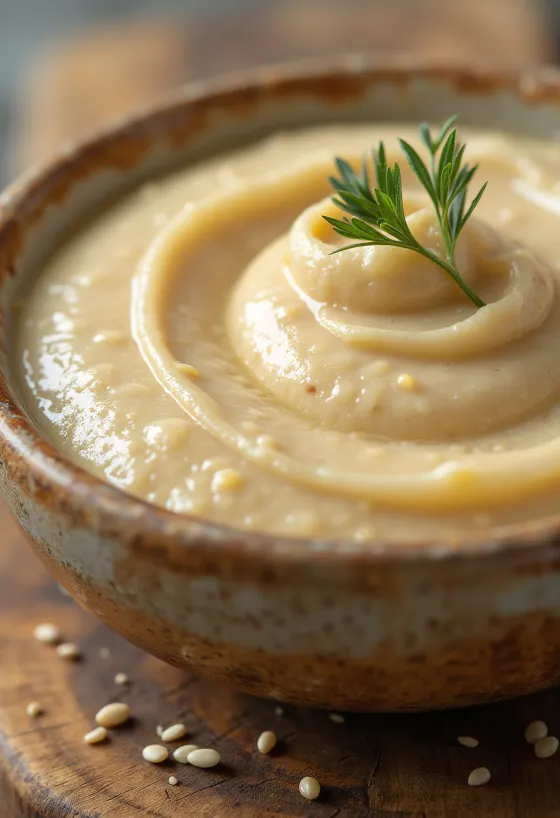 Krémová pasta tahini v miske, vedľa sezamové semienka