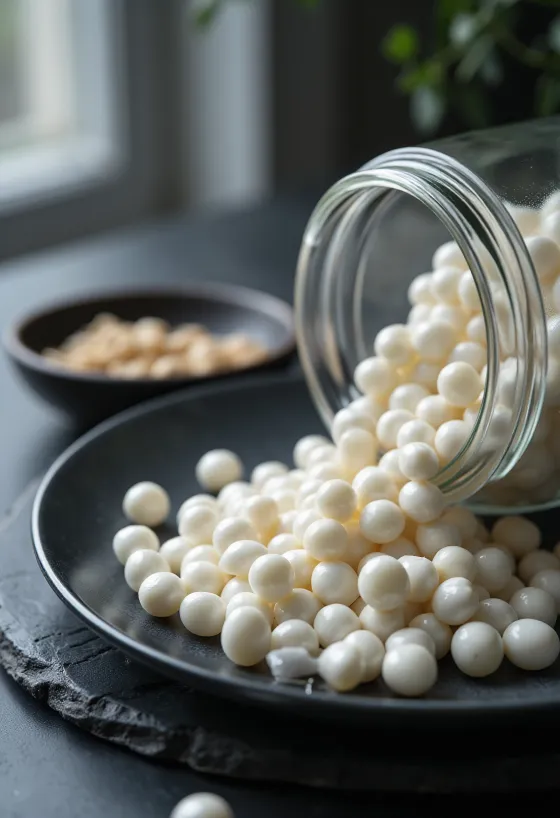 Tapiokové perly v keramickej miske, rozsypané na drevenom povrchu