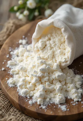 Jemná tapioková múka v miske a na lyžici, na svetlom povrchu
