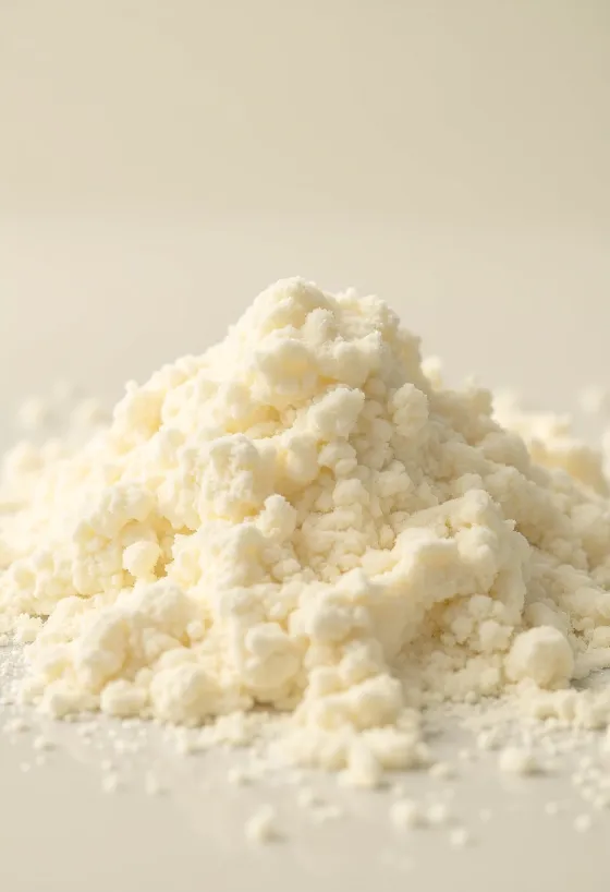 Sušené mlieko v rustikálnej miske s drevenou lyžicou a rozsypaným práškom na drevenom povrchu