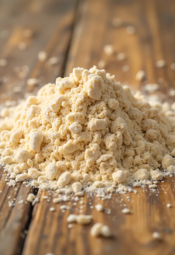 Celozrnná múka v rustikálnej miske, rozsypaná na drevenom povrchu