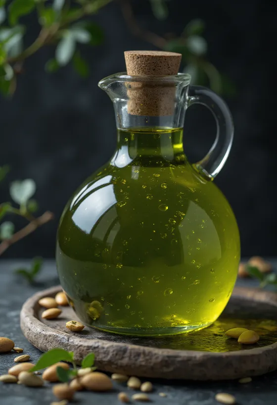 Tmavozelený tekvicový olej v malej miske vedľa nelúpaných tekvicových semien