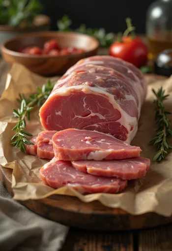 Surové plátky diviačieho karé na drevenej doske s koreninami