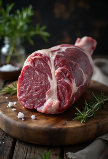 Surové diviačie stehno s koreninami na drevenej doske