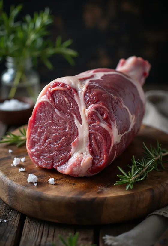 Surové diviačie stehno s koreninami na drevenej doske