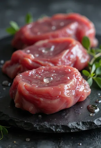 Surové filé z divej kačice s koreninami na drevenej doske