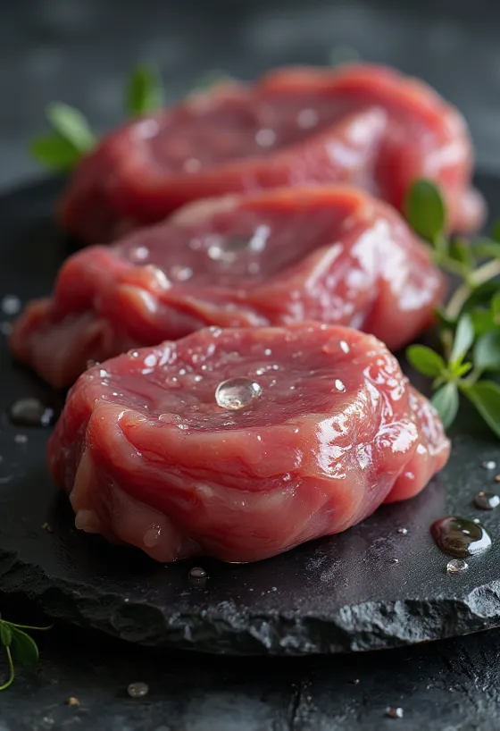 Surové filé z divej kačice s koreninami na drevenej doske