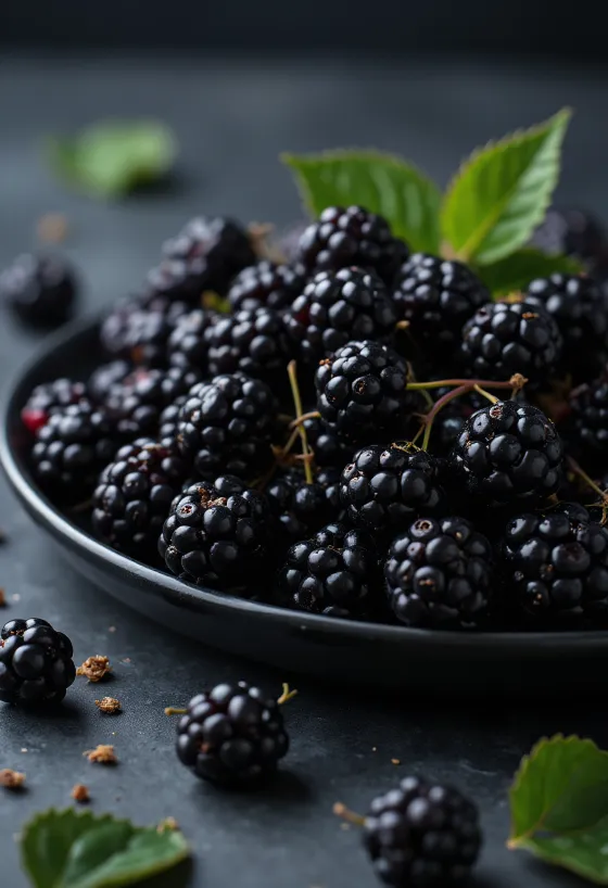 Čerstvé plody lesnej černice v tmavej farbe, prekrojené a vcelku na neutrálnom povrchu