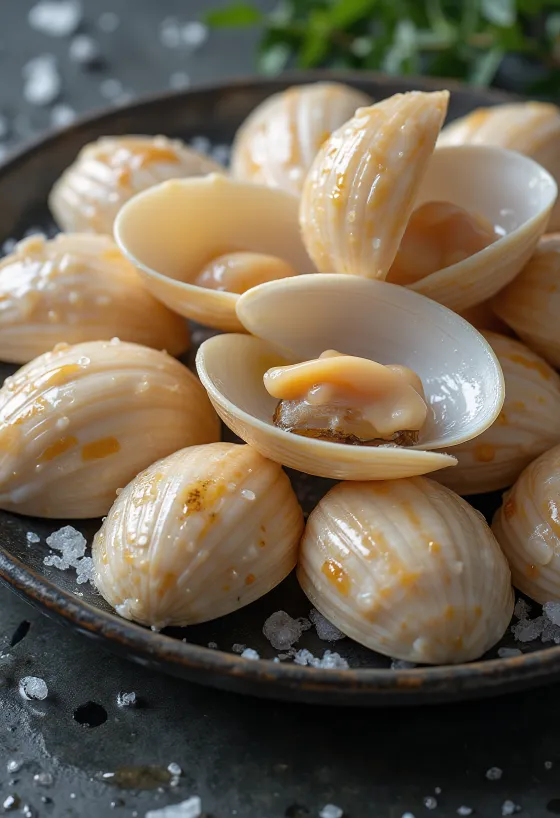 Surové mäso z venušiných mušlí na ľade s citrónom a petržlenovou vňaťou