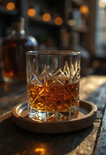 Fľaša whiskey a pohár s jačmeňom a dubovým drevom na rustikálnom stole