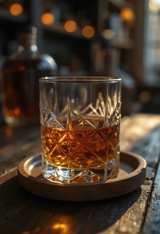 Fľaša whiskey a pohár s jačmeňom a dubovým drevom na rustikálnom stole