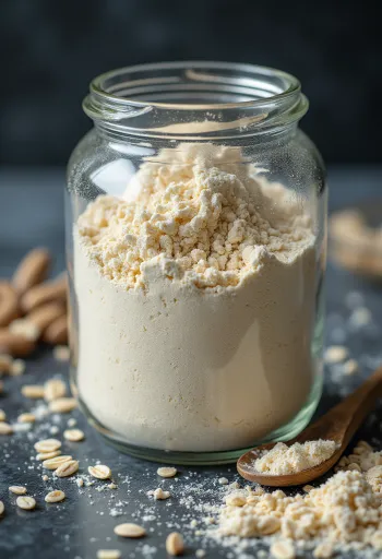 Jemná ovsená múka v keramickej miske, rozsypaná na drevenom povrchu