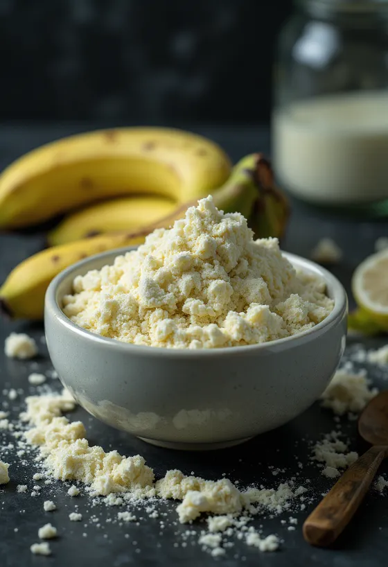 Múka zo zelených banánov v miske a na lyžici, obklopená zelenými banánmi