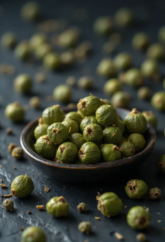 Zelené korenie celé v keramickej miske na kuchynskej linke