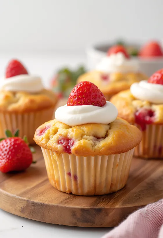 Servírované jahodové muffiny so šľahačkou