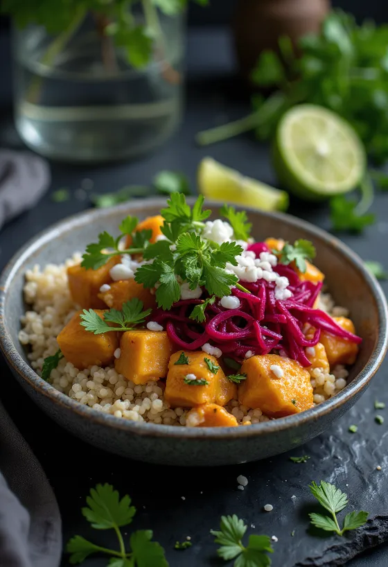 Limetkový Buddha bowl s quinoou a repovým kari tofu podávaný v miske