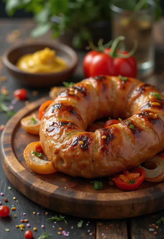 Pečená klobása upečená dozlatista, s chrumkavou kožou a čerstvými bylinkami