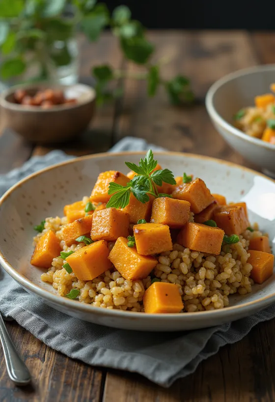 Tekvicové quinoa wok s kari-limetkovým tahini a tofu