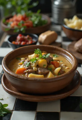 Guláš z jačieho mäsa s maslovým čajom servírovaný v rustikálnej miske s čerstvými bylinkami.