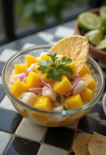 Ceviche s mangom, zmes čerstvej ryby a manga s limetkou a koriandrom