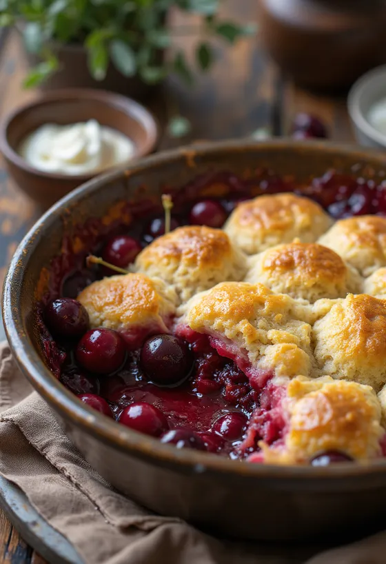 Višňový cobbler, podávané s čerstvým cestom a višňovým sirupom