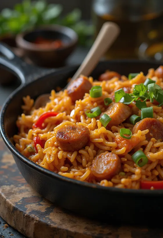 Jambalaya s kuracím mäsom, bohatými chuťami a farebnými surovinami