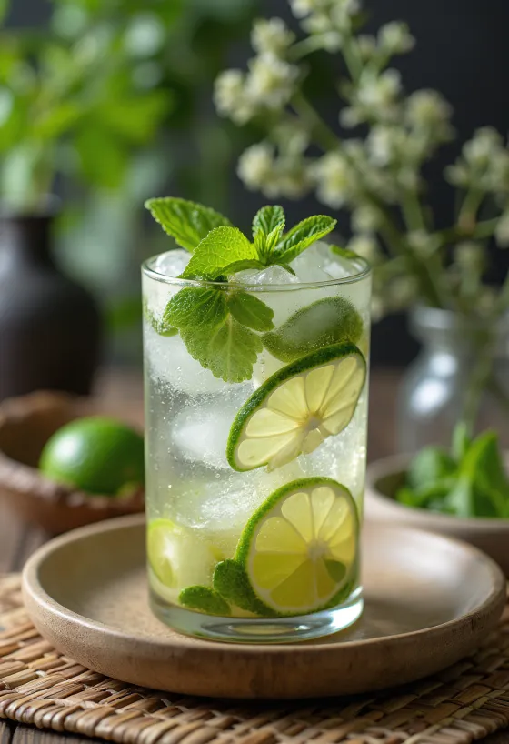 Mojito ozdobené čerstvými lístkami mäty a plátkami limetky
