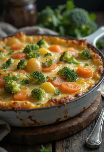 Zapekaná zelenina vrstvená so syrom a korením.