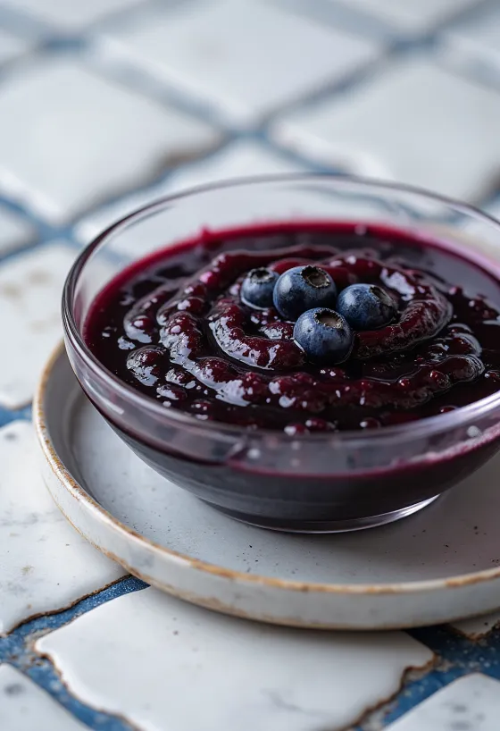 Čučoriedkovo-čili omáčka s balzamikom v miske, ozdobená čerstvými čučoriedkami a plátkami čili.