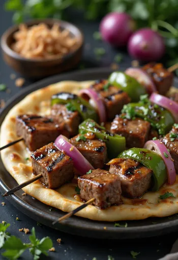 Hovädzí špíz Dana Şiş podávaný s grilovanou zeleninou a arabským chlebom