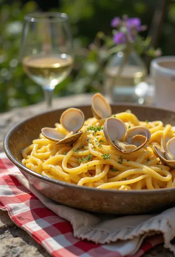 Fideuà amb cloïsses podávaná s morskými plodmi a paprikou