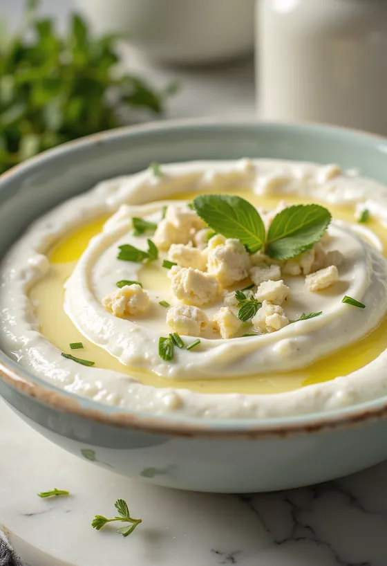 Feta omáčka s kôprom podávaná s čerstvým pita chlebom