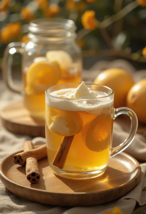 Horúci medovo-zázvorový cider v hrnčeku so škoricou