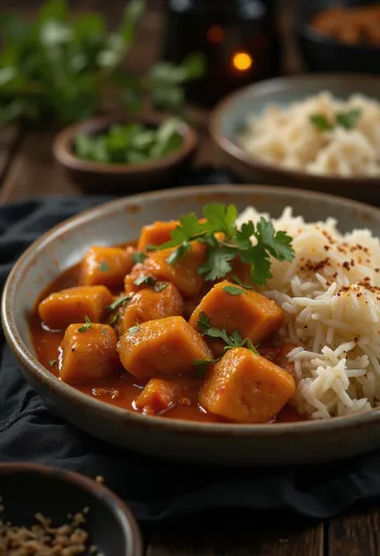 Pork Vindaloo podávané s ryžou a čerstvým koriandrom