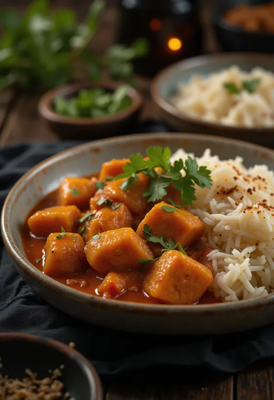 Pork Vindaloo podávané s ryžou a čerstvým koriandrom