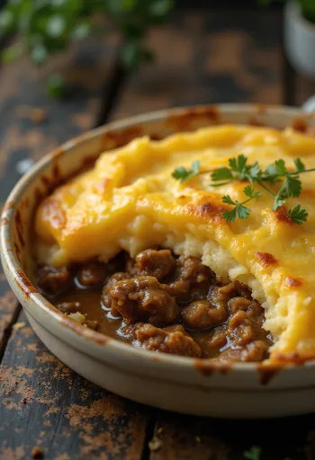 Shepherd’s pie podávaný s chrumkavou vrstvou zemiakovej kaše