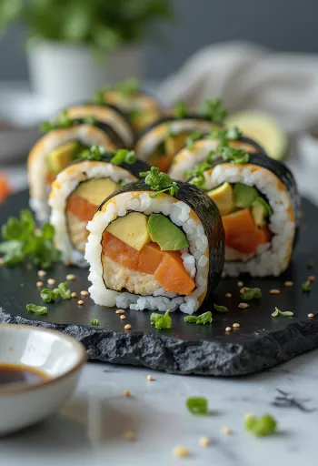 Vegánske sushi s tofu, zeleninou a sójovou omáčkou