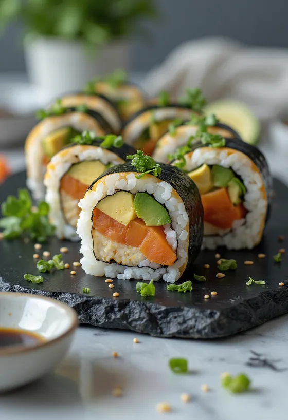 Vegánske sushi s tofu, zeleninou a sójovou omáčkou