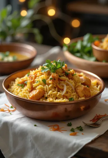 Kuracie Biryani zdobené čerstvým koriandrom a mätou