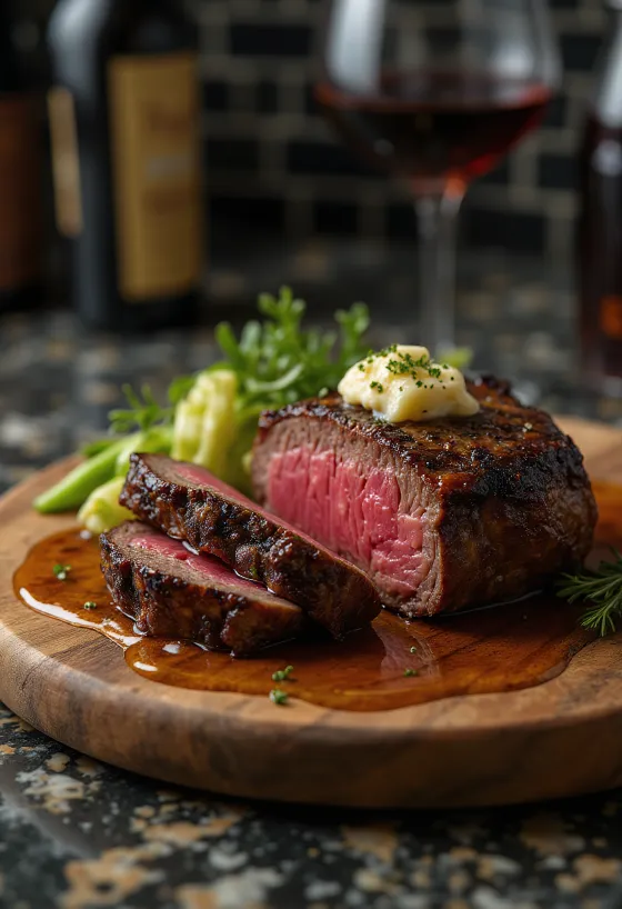 Steak Chateaubriand servírovaný s dusenou zeleninou a maslom