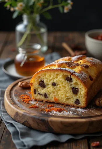 Čili-medová štóla nakrájaná na plátky, s tmavou čokoládou a práškovým cukrom na vrchu