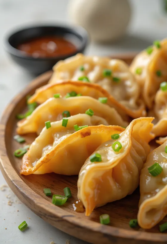 Batátové gyoza taštičky s chrumkavým cestom, servírované