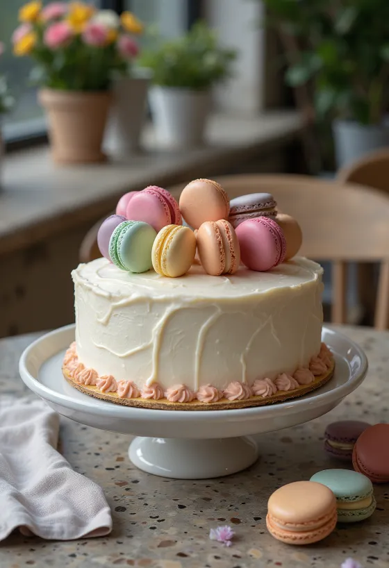 Torta s makrónkami zdobená pestrofarebnými makrónkami